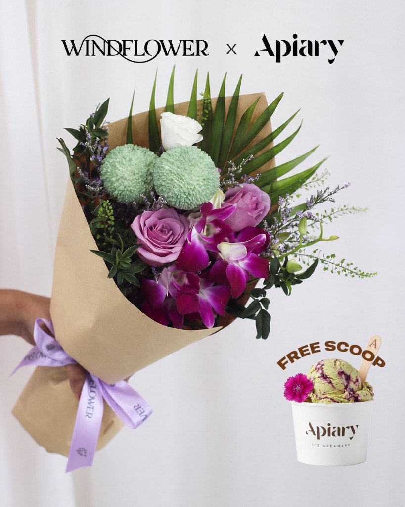 Pandan Swirl — Green chrysanthemums, lavender roses and magenta orchids | Windflower x Apiary