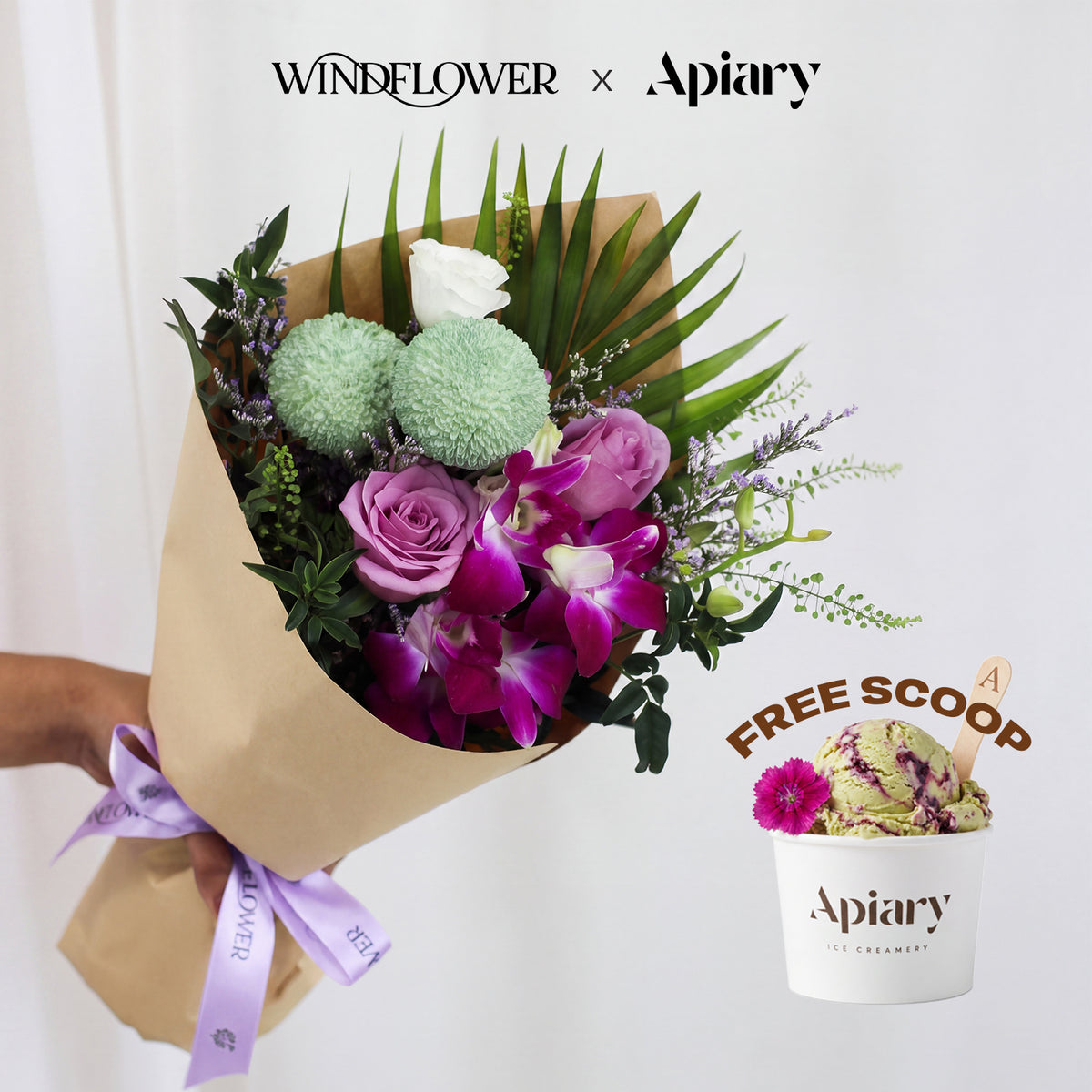 Windflower x Apiary Pandan Swirl Bouquet with free Apiary scoop - square card