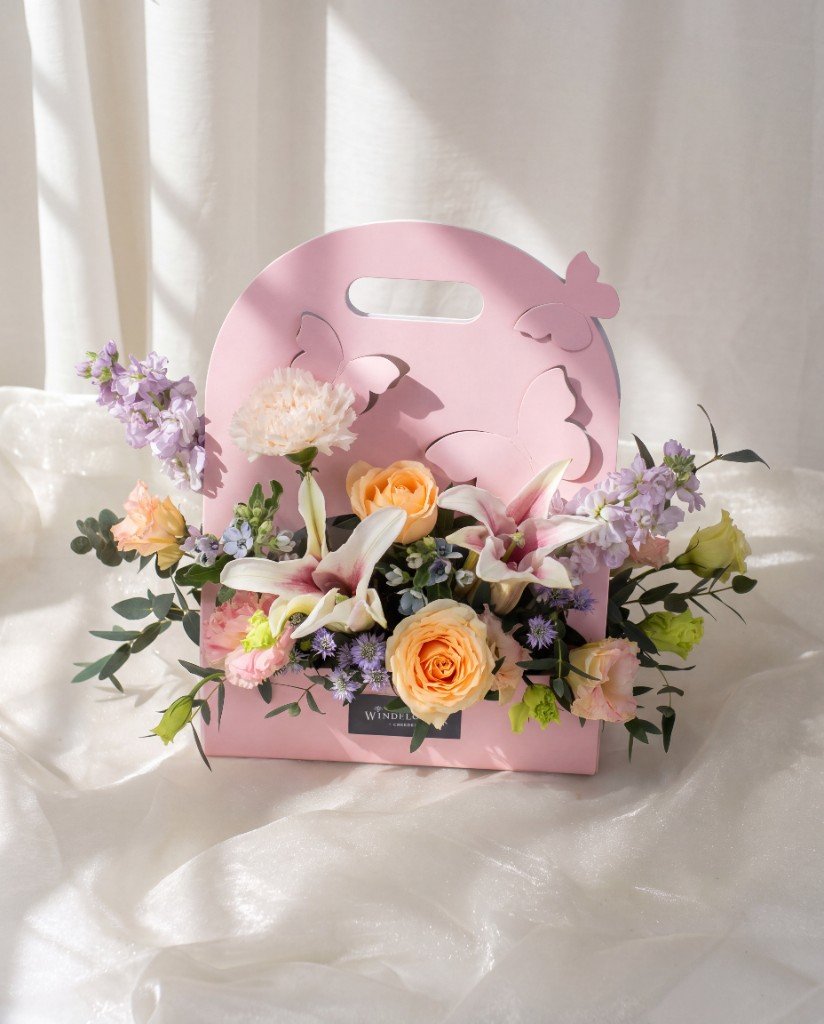 Papillon Flower Box — Pink butterfly flower box with lilies and matthiola | Windflower Florist Singapore