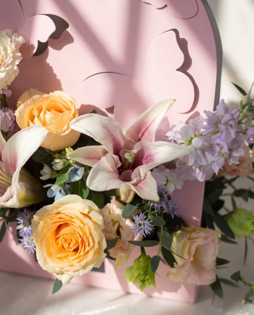 Papillon Flower Box — Close-up of blush lilies and peach roses | Windflower Florist Singapore