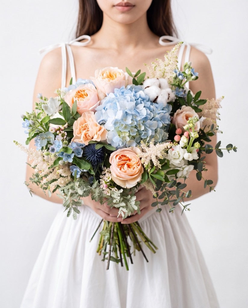 Pastel Dream Hydrangea & Rose Bridal Bouquet — Light Blue Hydrangeas, Peach Roses, Cotton Bolls, Eryngium, And Astilbe | Windflower Florist Singapore