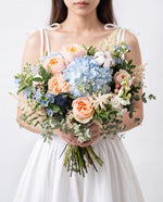 Pastel Dream Hydrangea & Rose Bridal Bouquet — Light Blue Hydrangeas, Peach Roses, Cotton Bolls, Eryngium, And Astilbe | Windflower Florist Singapore