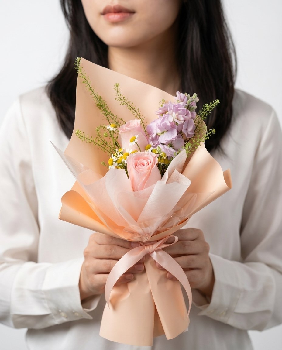 Peach Rosette Hand Bouquet — peach roses, lavender matthiola, chamomile, caspia | Windflower Florist Singapore
