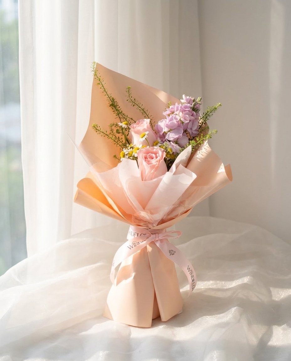 Peach Rosette Hand Bouquet — peach roses, lavender matthiola, chamomile, caspia | Windflower Florist Singapore