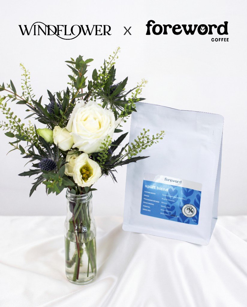 Pearl Silk vase with Uplift Blend beans — Windflower x Foreword Coffee