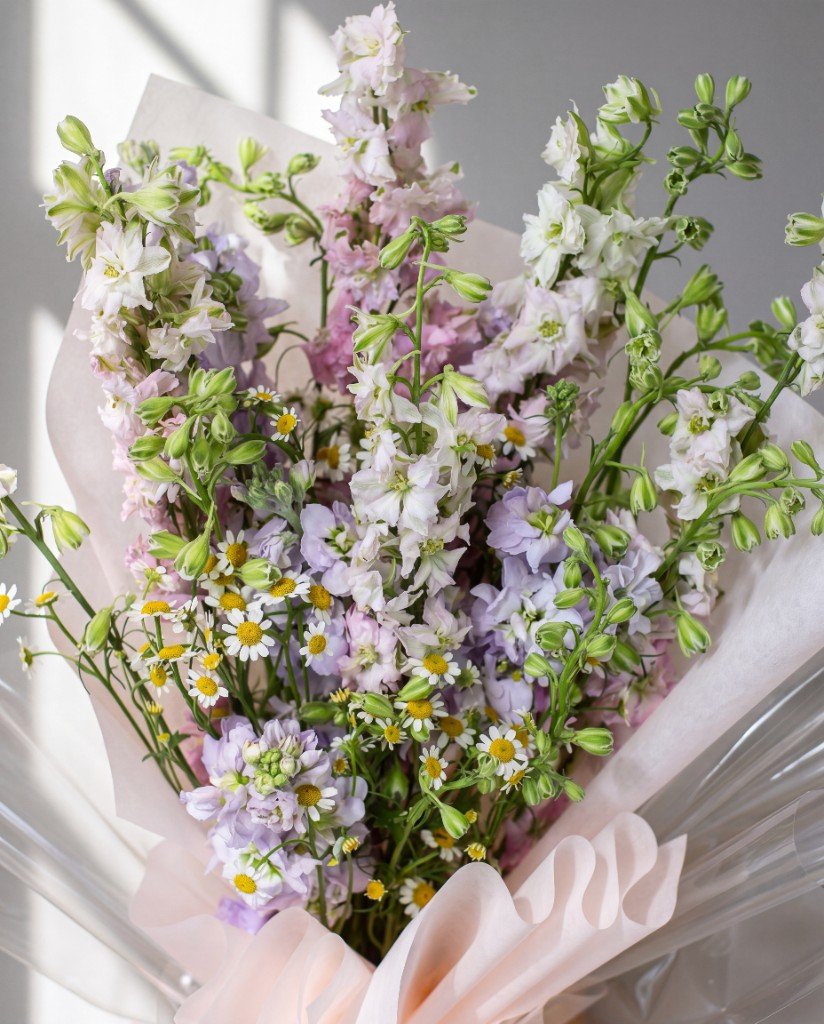 Darling Day — close-up of pink delphinium, lilac matthiola and chamomile