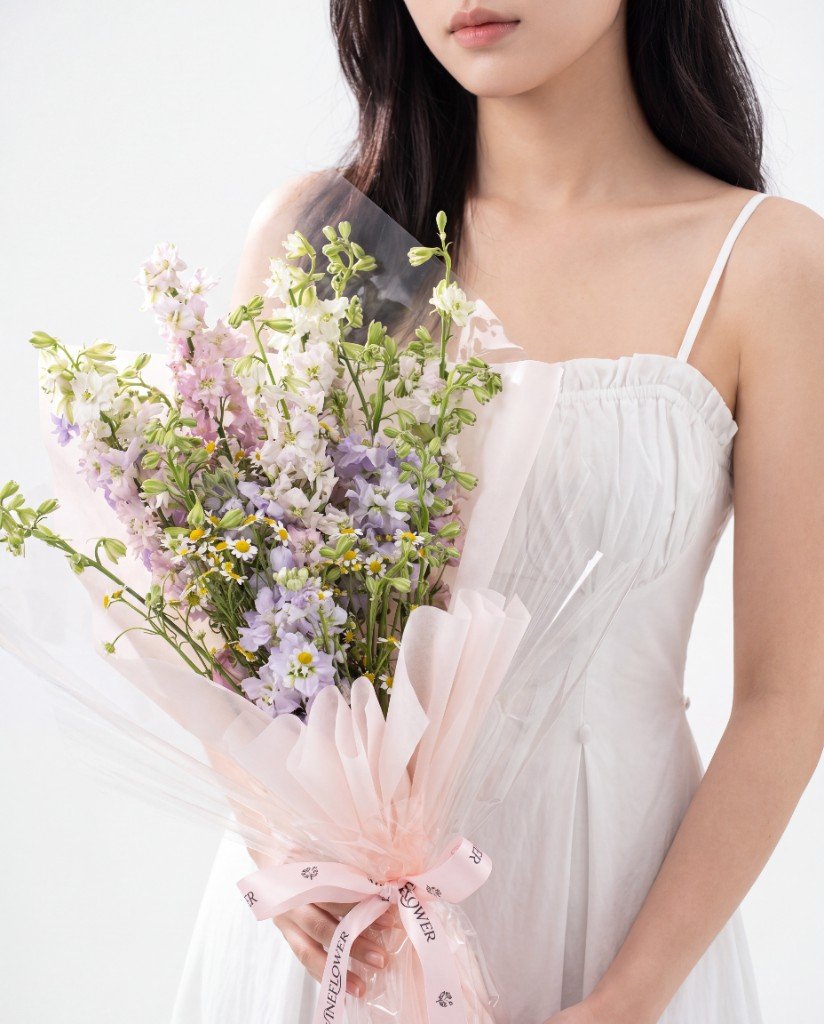 Darling Day — pink delphinium mixed with lilac matthiola