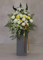 Quiet Radiance condolence flower stand, pollen removed from lily