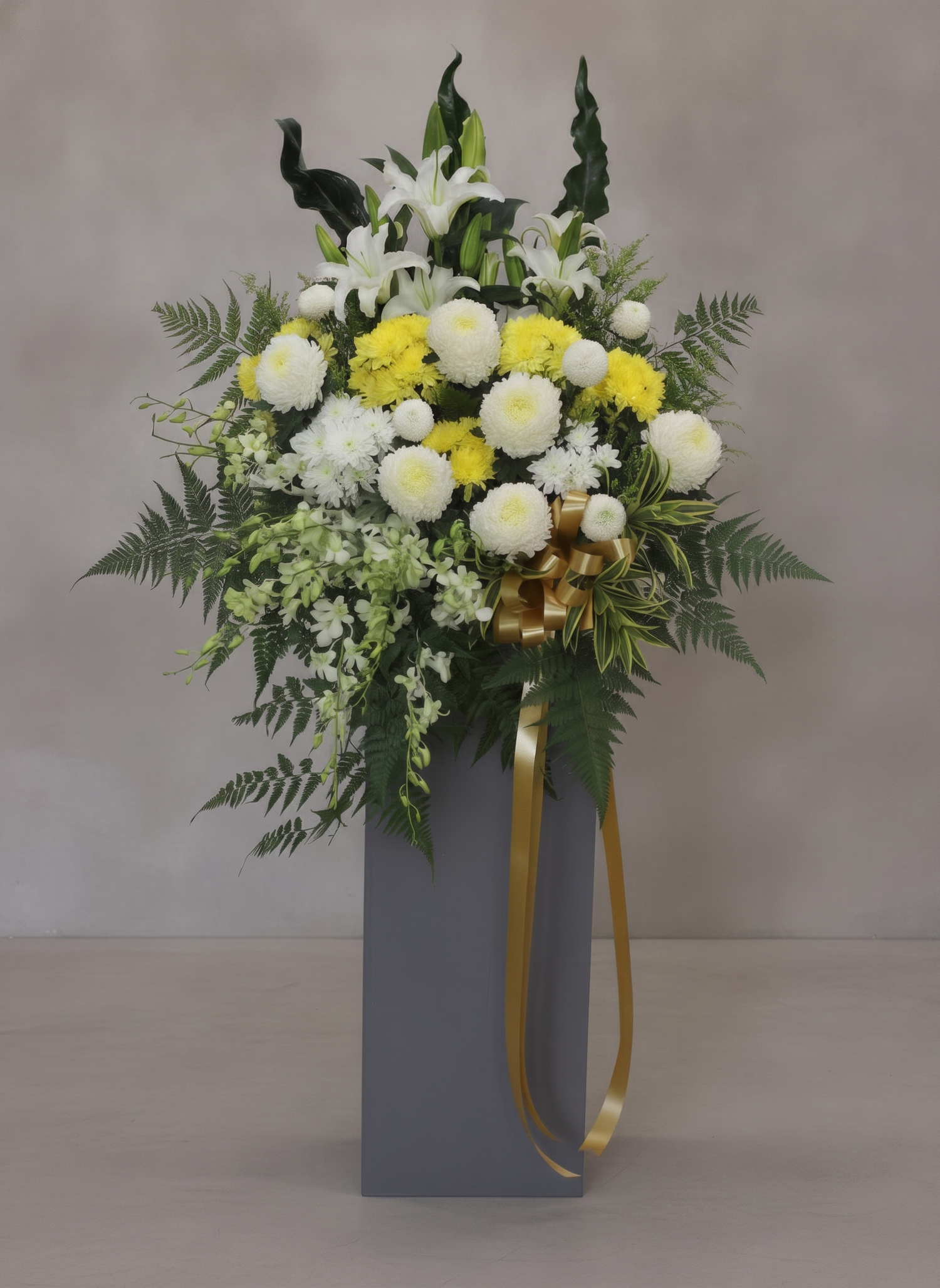 Quiet Radiance condolence flower stand, pollen removed from lily