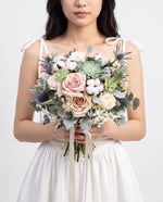 Rustic Succulent & Menta Rose Bridal Bouquet — Menta Roses, Cream Roses, Echeveria Succulents, Cotton Balls, And Eryngium | Windflower Florist Singapore