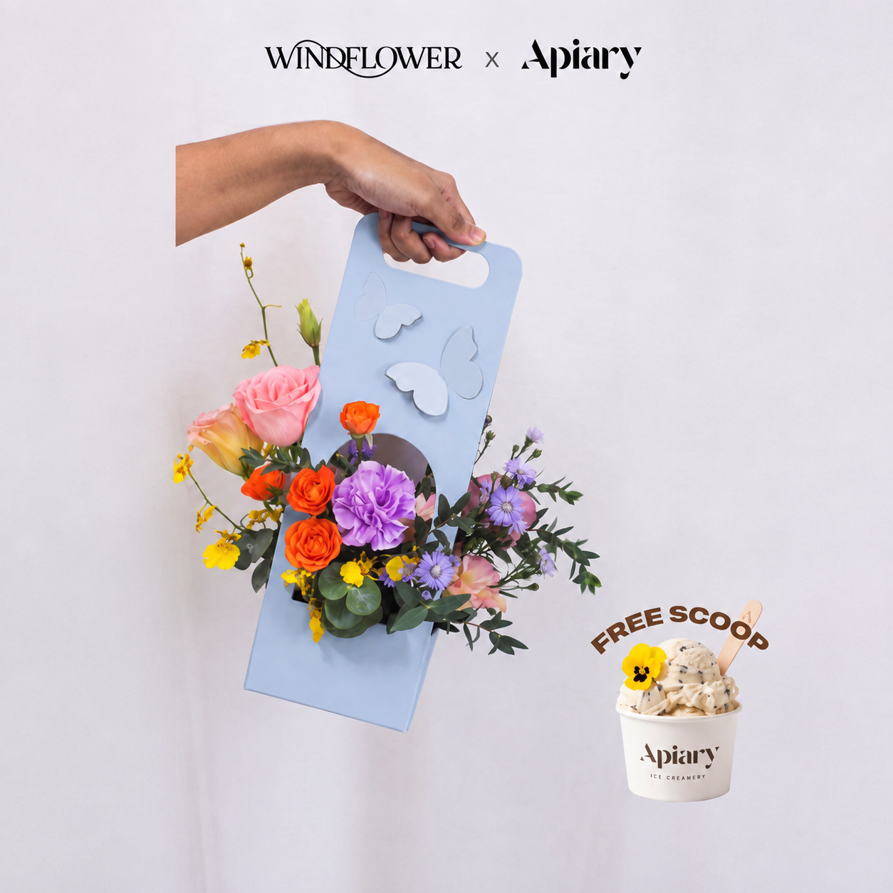 Windflower x Apiary Scoop and Bloom blue flower box with an Apiary scoop