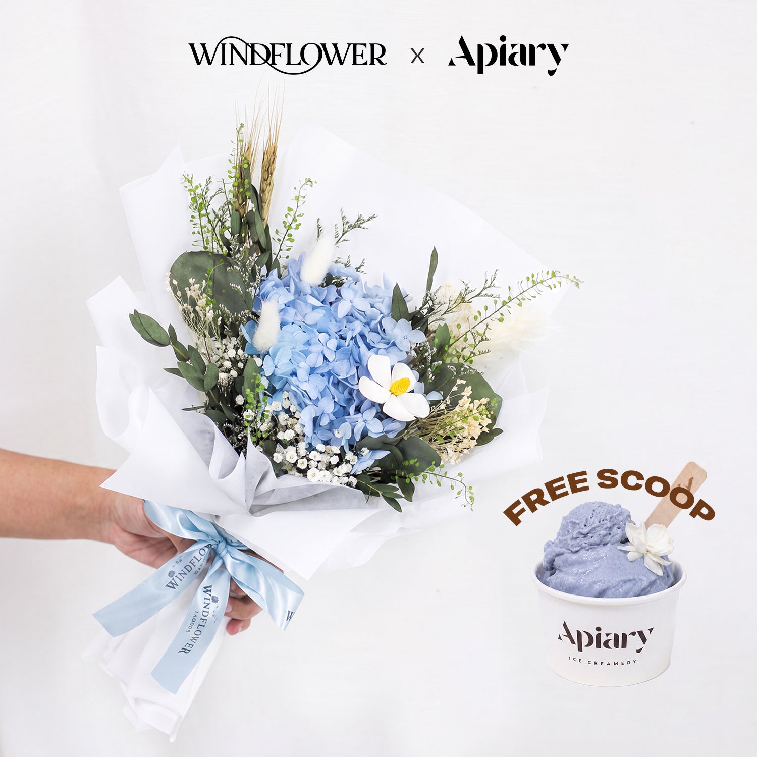 Windflower x Apiary Soft Blue Hour Hydrangea Bouquet with a free Apiary scoop