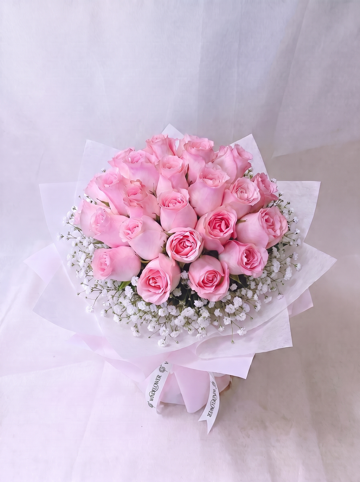 A Study in Pink - Rounded, with baby's breath and Windflower ribbon branding