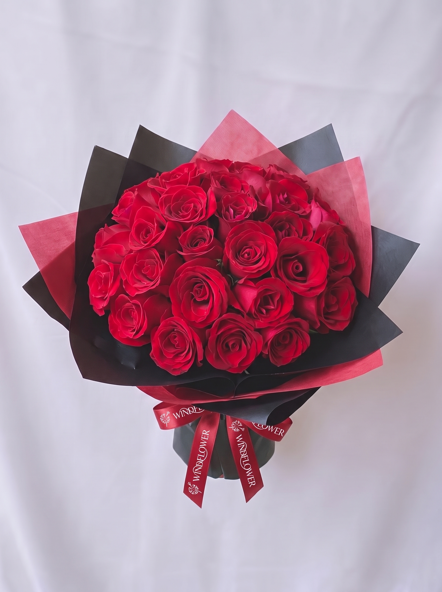 A Study in Red - Rounded, no baby's breath, with white Windflower ribbon branding