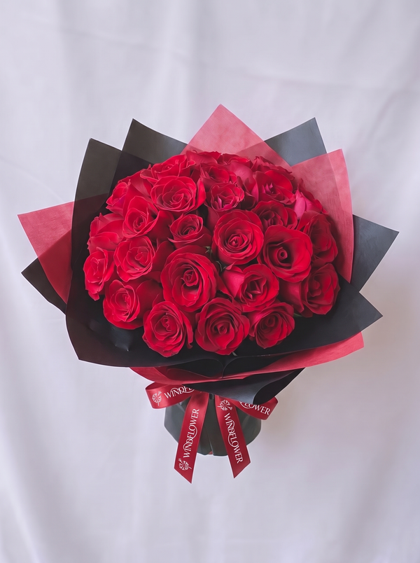 A Study in Red - Rounded, no baby's breath, with white Windflower ribbon branding