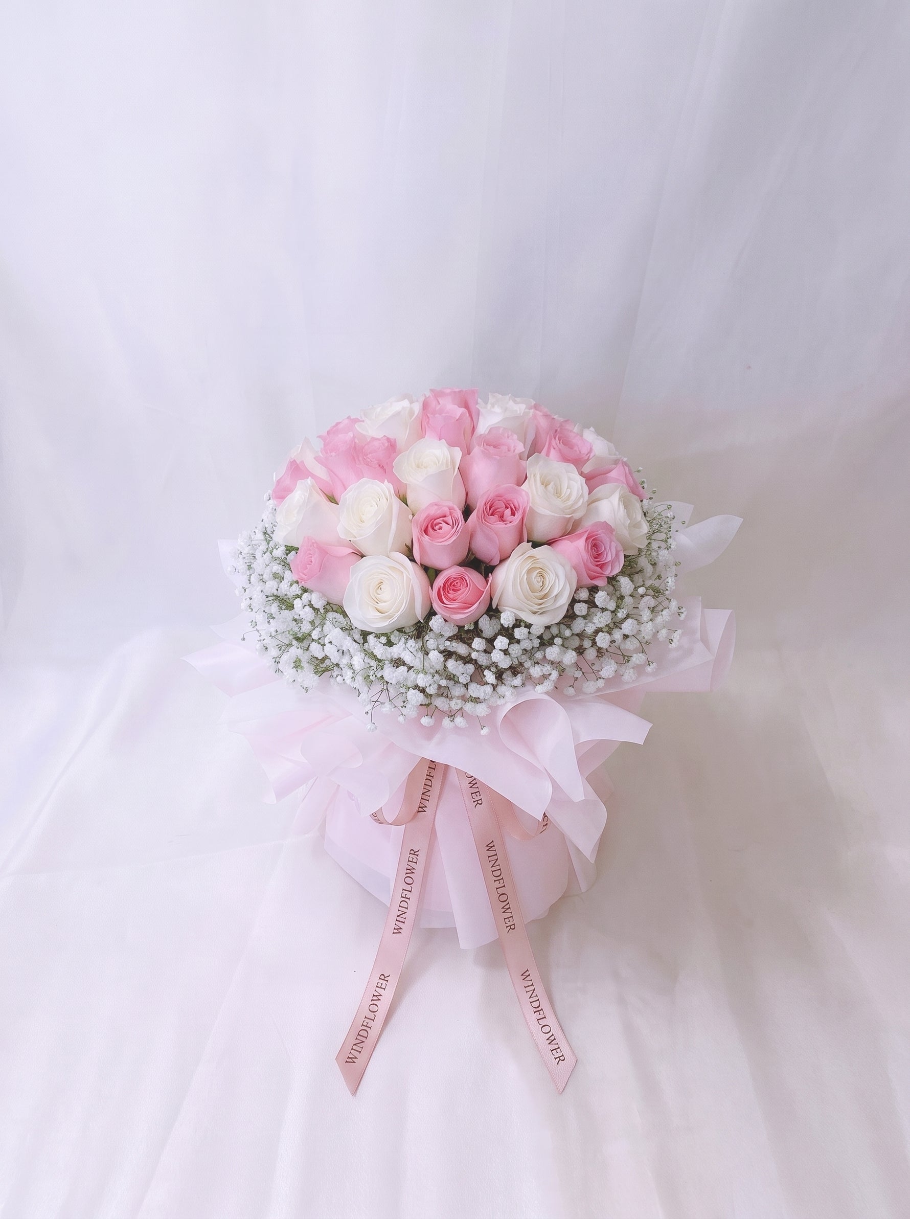 A Study in Harmony - Rounded, Pink & White, with baby's breath