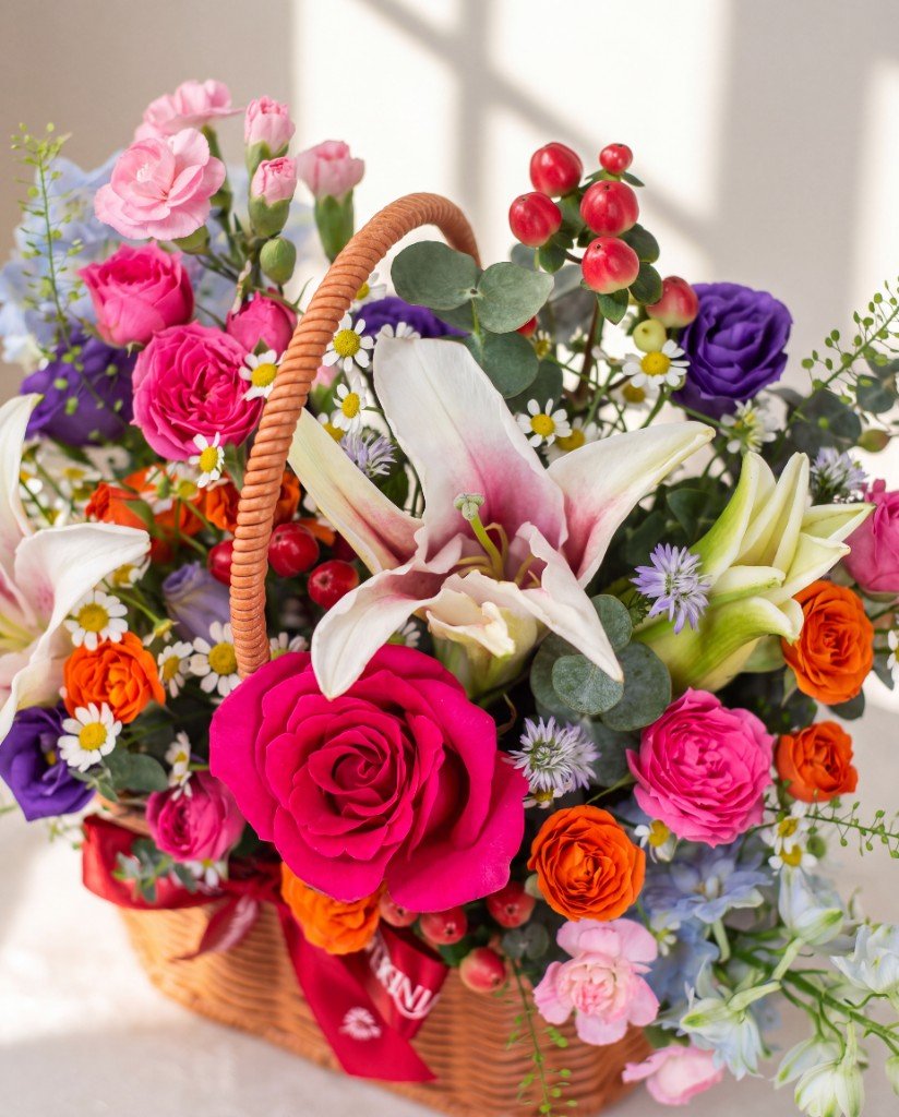 Meadow Walk Flower Basket — Close-up of lilies and mixed garden blooms | Windflower Florist Singapore