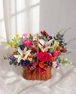 Meadow Walk Flower Basket — Garden mix in a woven wicker basket | Windflower Florist Singapore