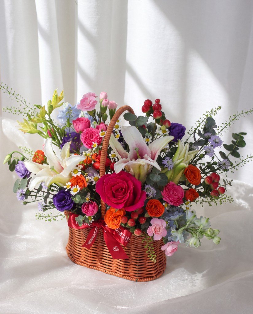 Meadow Walk Flower Basket — Lilies, roses and daisies in a wicker basket | Windflower Florist Singapore