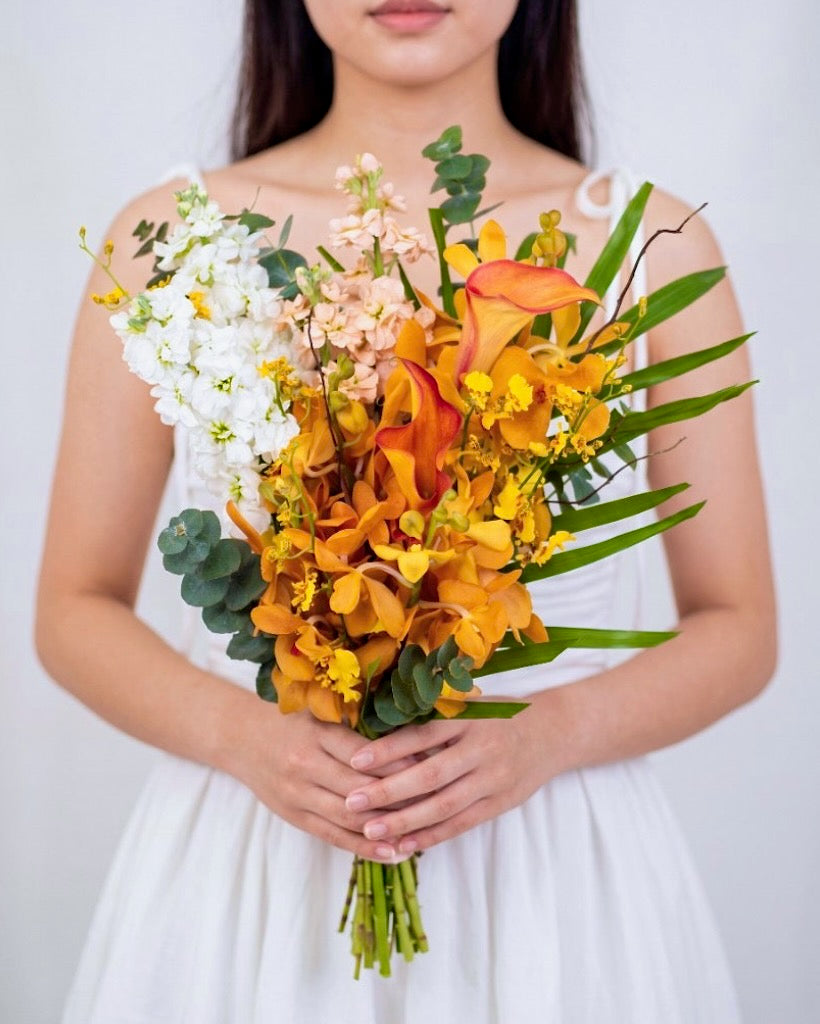 Sunset Mokara Bridal Bouquet — Sunset Mokara Orchid Bridal Bouquet Lifestyle | Free Same-Day Delivery Singapore