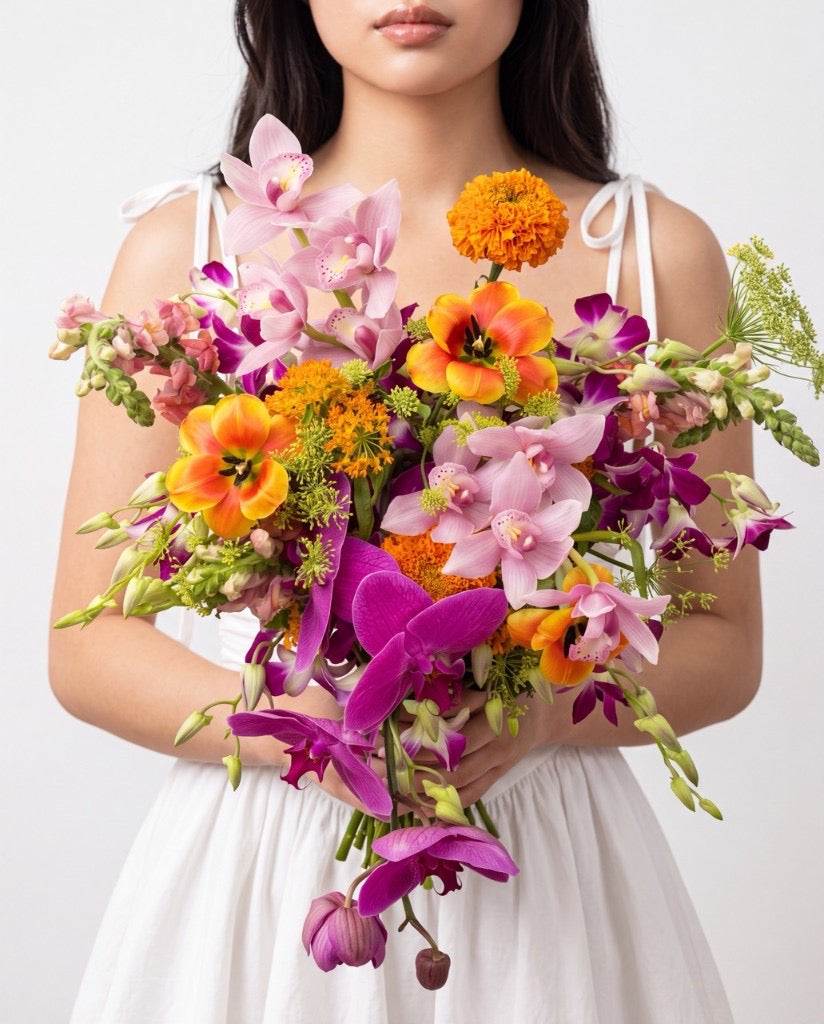 Sunset Orchid & Tulip Bridal Bouquet — Magenta Phalaenopsis Orchids, Cymbidium Orchids, Orange Tulips, And Marigolds | Windflower Florist Singapore