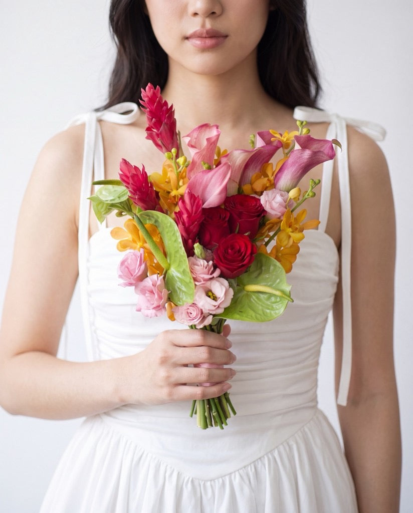 Tropical Crimson Calla & Ginger Bridal Bouquet — Magenta Calla Lilies, Red Roses, Red Ginger Flowers, Mokara Orchids, And Green Anthuriums | Windflower Florist Singapore
