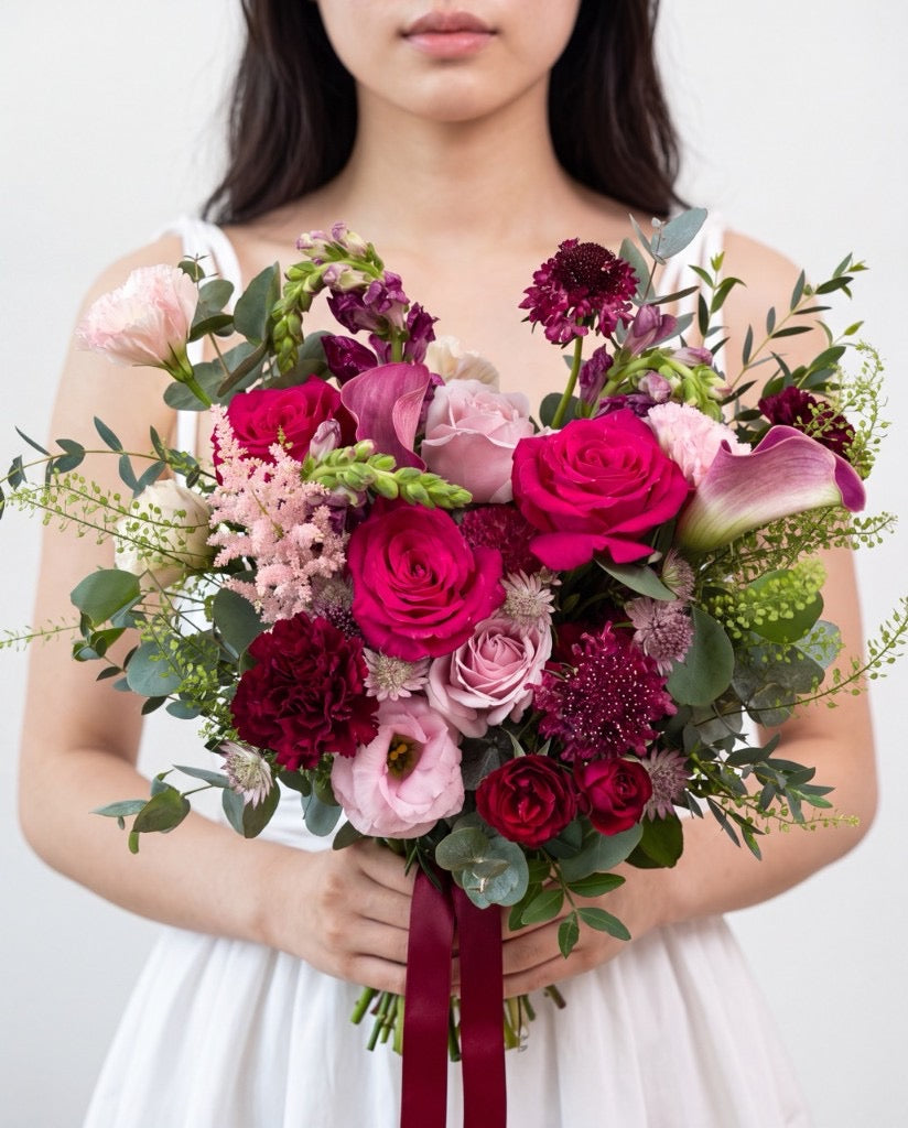 Velvet Berry Calla Lily & Rose Bridal Bouquet — Magenta Roses, Burgundy Carnations, Pink Calla Lilies, Scabiosa, Astilbe, And Eucalyptus | Windflower Florist Singapore