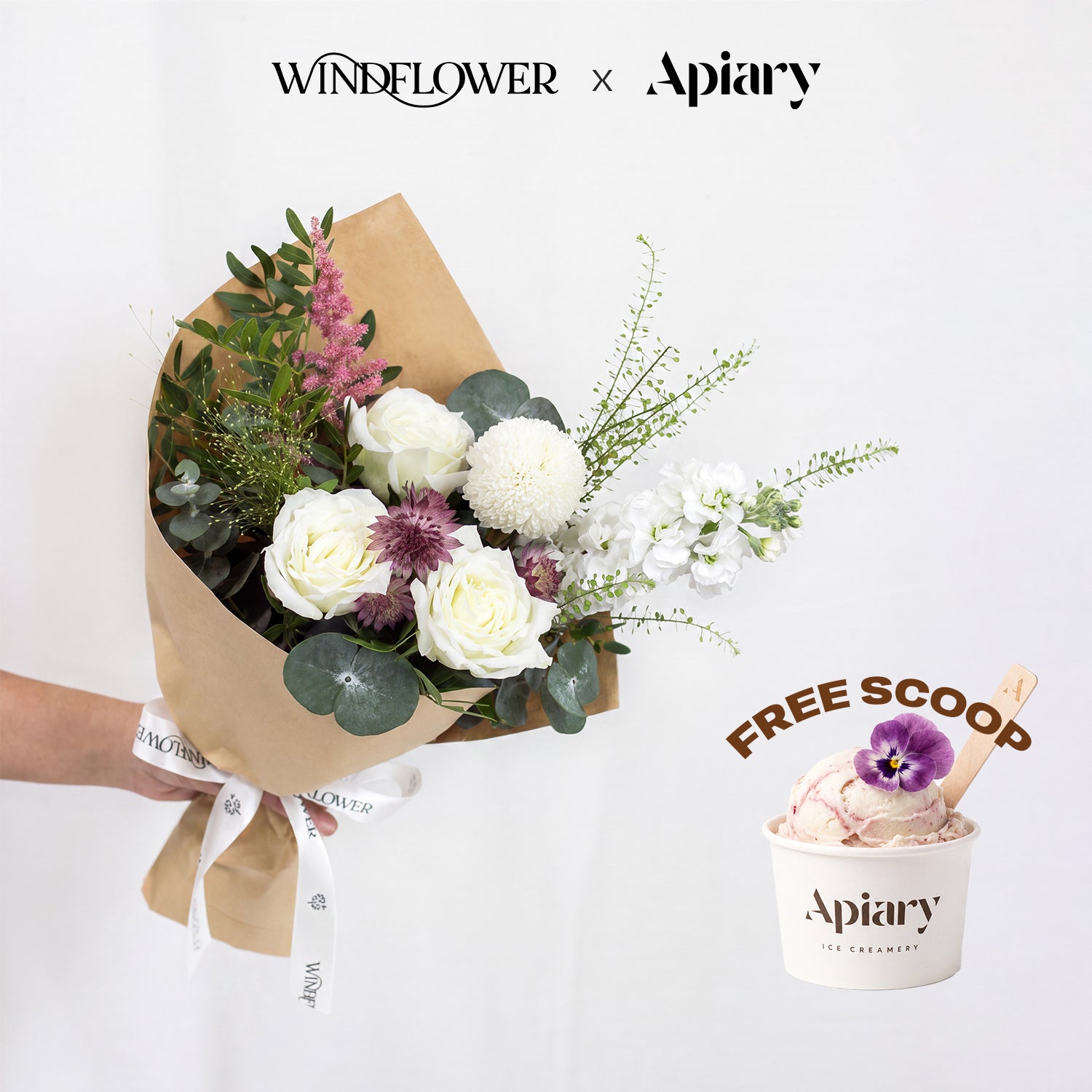 Windflower x Apiary Velvet Berry White Rose Bouquet with a free Apiary scoop