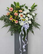 Tender Solace Condolence Flower Stand — Peach Gerberas, White Chrysanthemums, Yellow Button Poms | Free Same-Day Delivery Singapore