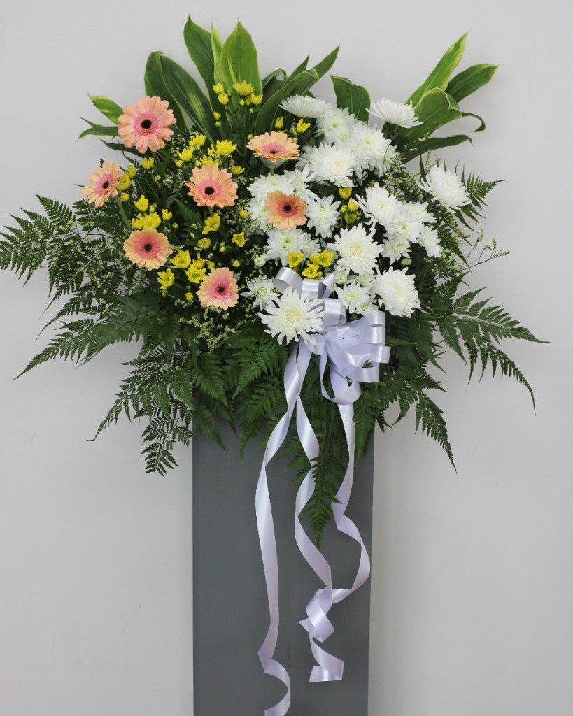 Tender Solace Condolence Flower Stand — Peach Gerberas, White Chrysanthemums, Yellow Button Poms | Free Same-Day Delivery Singapore