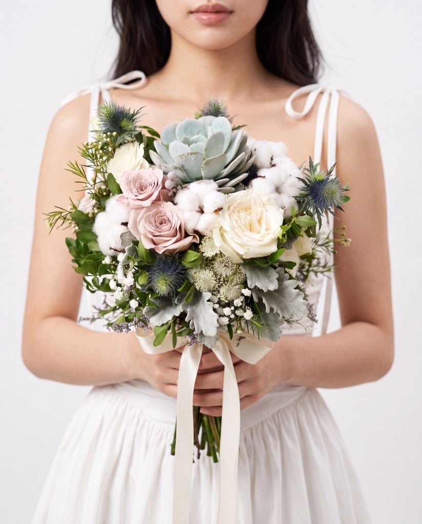 Whimsical Succulent & Cotton Bridal Bouquet — Echeveria Succulents, Dusty Pink Roses, Cotton Bolls, Eryngium, And Dusty Miller | Windflower Florist Singapore