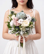 Whimsical Succulent & Cotton Bridal Bouquet — Echeveria Succulents, Dusty Pink Roses, Cotton Bolls, Eryngium, And Dusty Miller | Windflower Florist Singapore