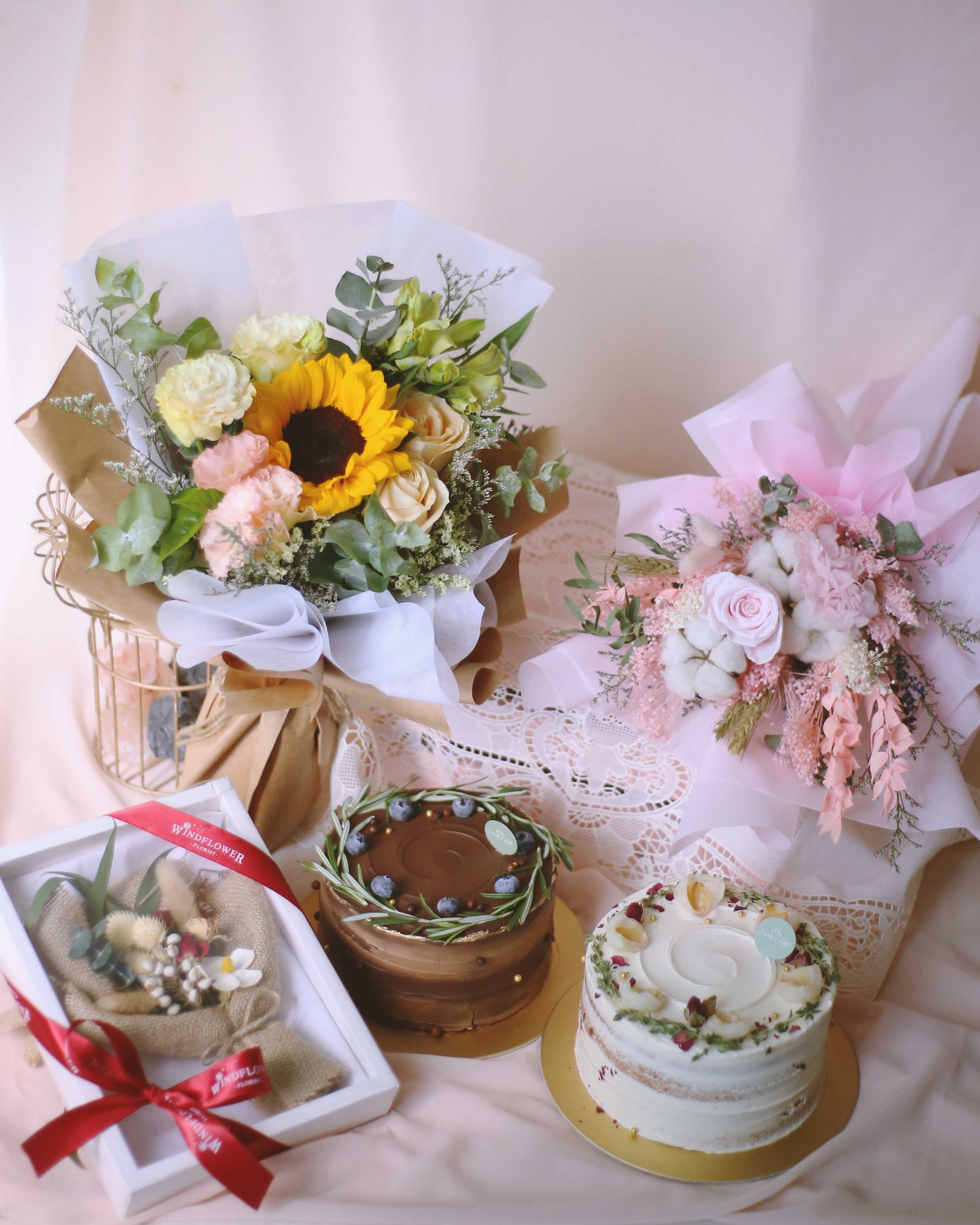 Windflower x Sarah’s Loft Cake Bundle Flower Arrangement | Free Same-Day Flower Delivery Singapore