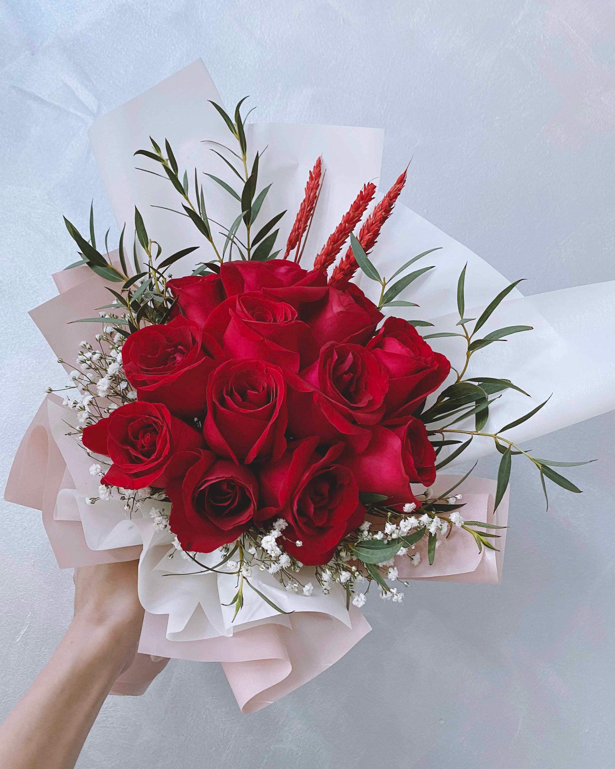 Fresh Red Rose Bouquet With Baby Breath