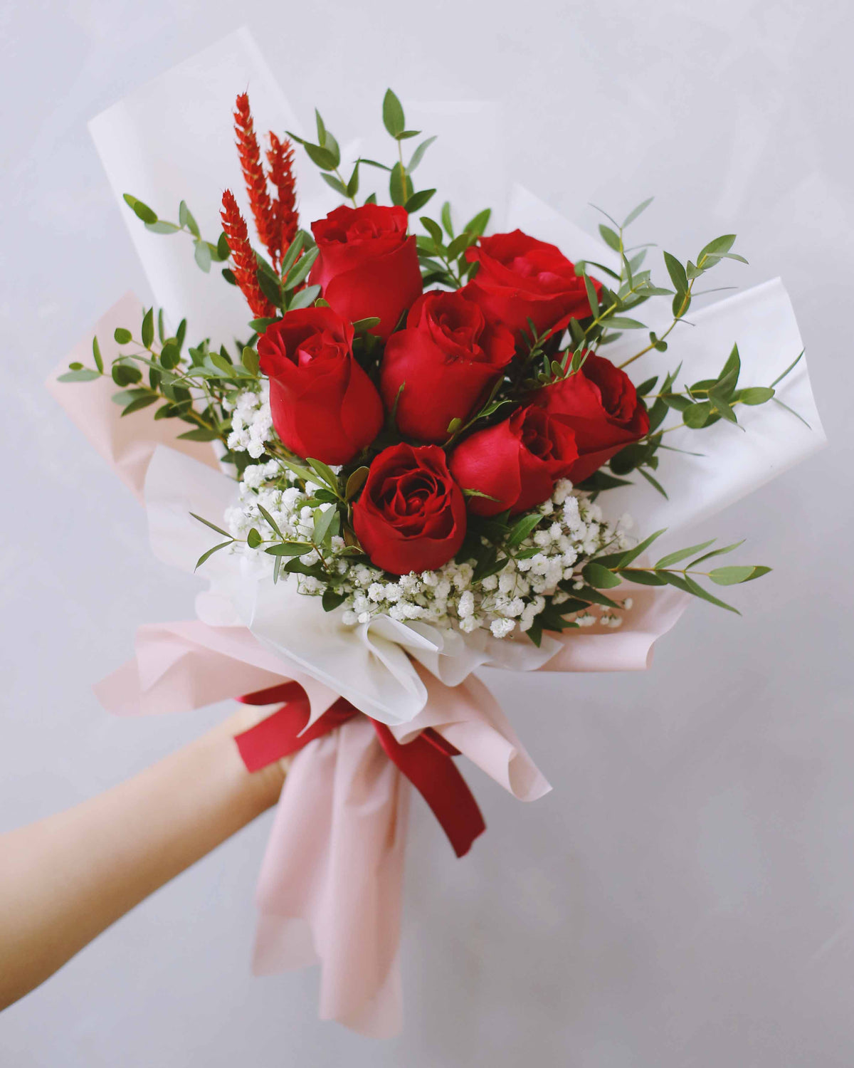 Fresh Red Rose Bouquet With Baby Breath
