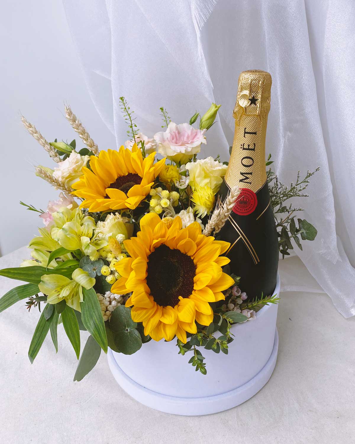 Sunflowers And Moet Champagne Flower Box