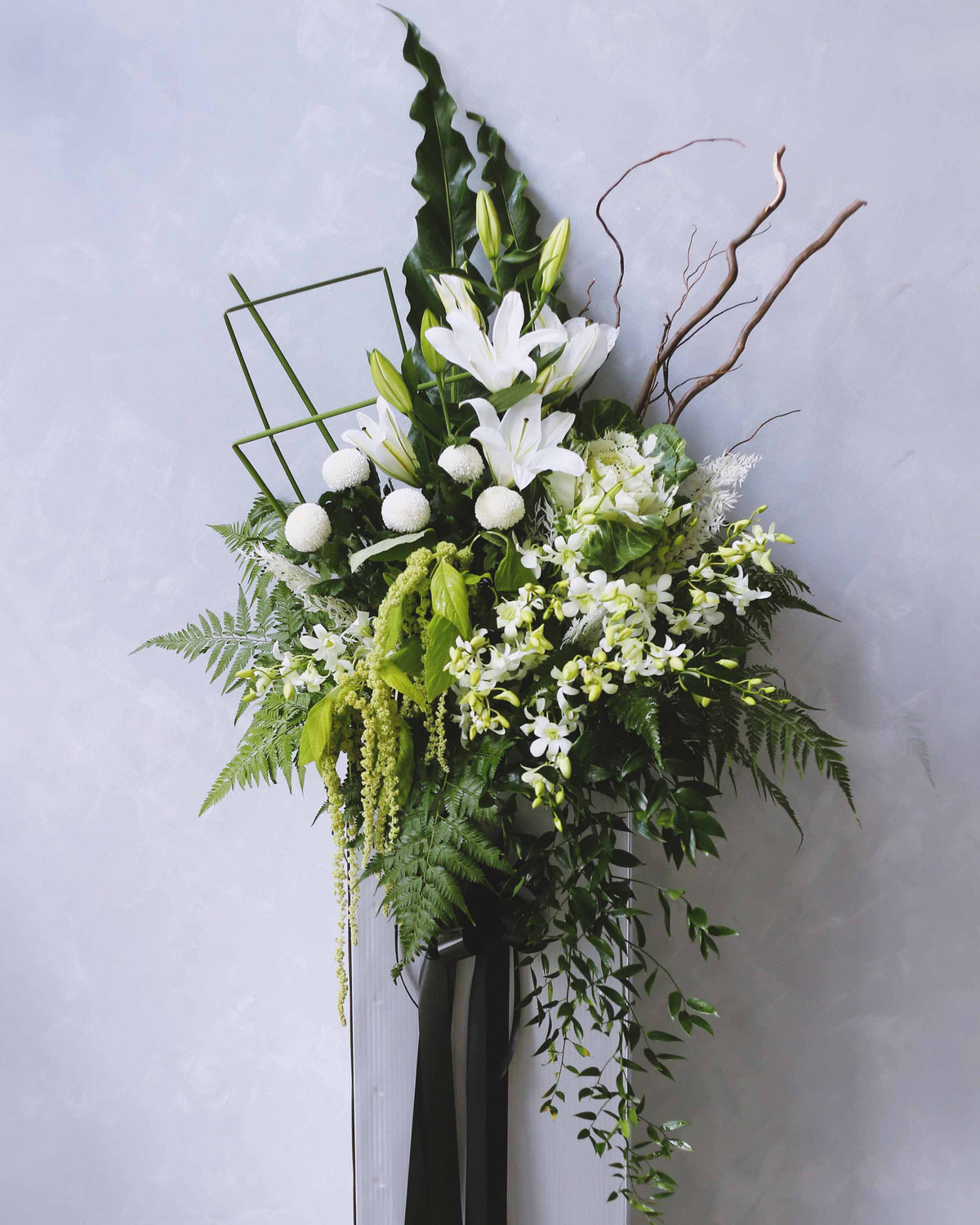 Farewell funeral flower stand with lilies, chrysanthemums and orchids, Singapore same-day delivery